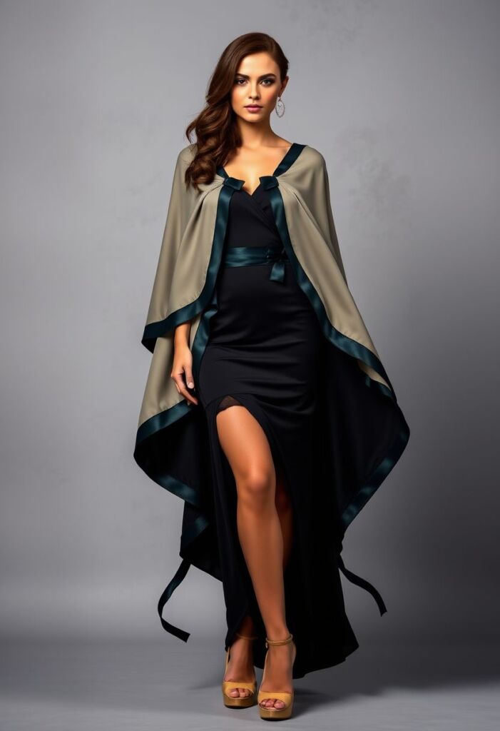 Ribbon-Adorned Cape Dress