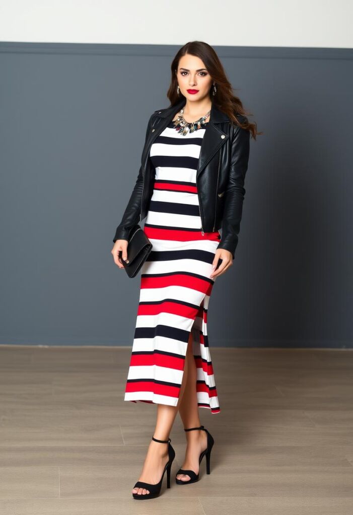Stripes with a Leather Jacket and Heels