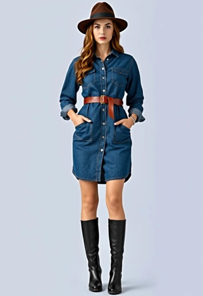 Denim Shirt Dress with Belted Waist