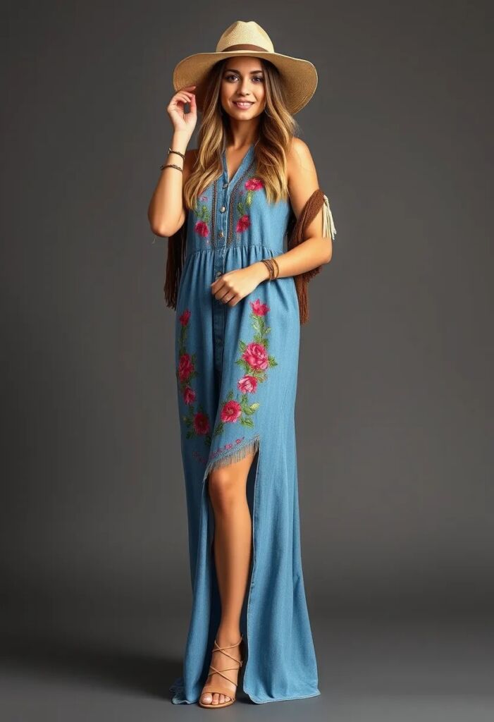 Embroidered Boho Denim Maxi Dress