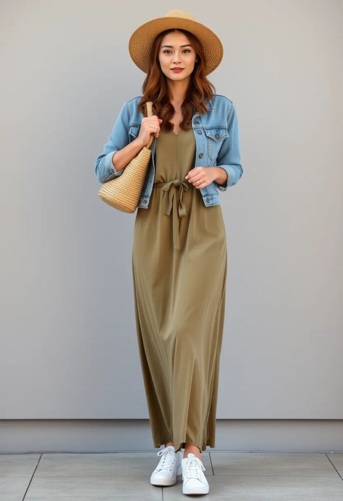 Khaki Maxi Dress with a Denim Jacket