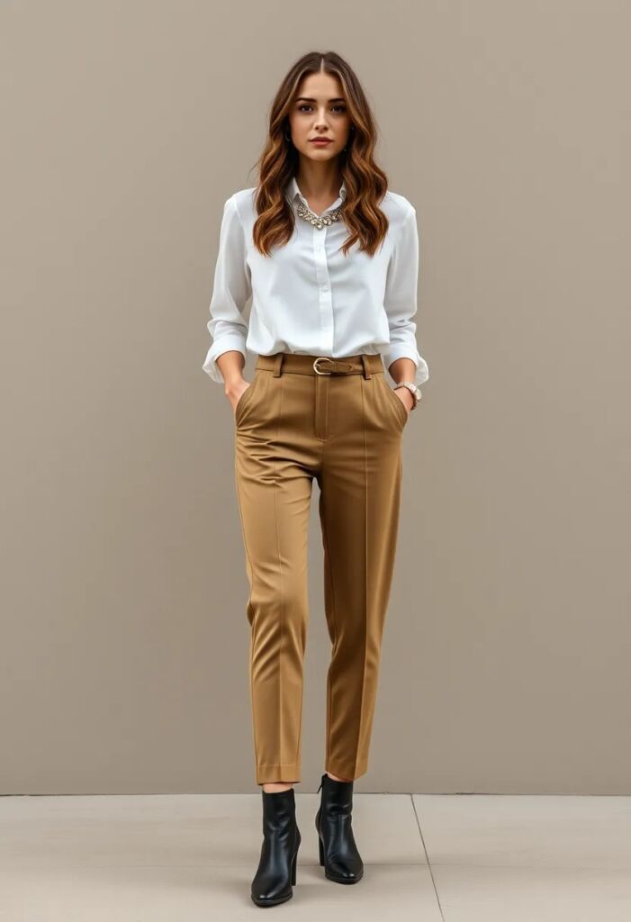 Khaki Trousers with a White Blouse