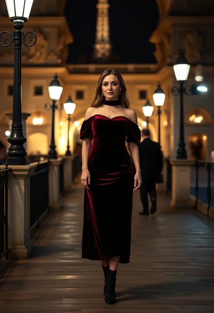 Off-Shoulder Velvet Dress Winter Romance