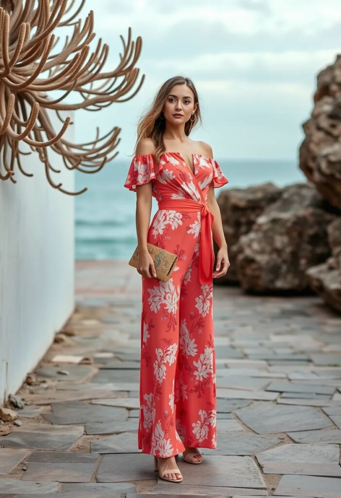 Coral Print Jumpsuit with Off-Shoulder Top