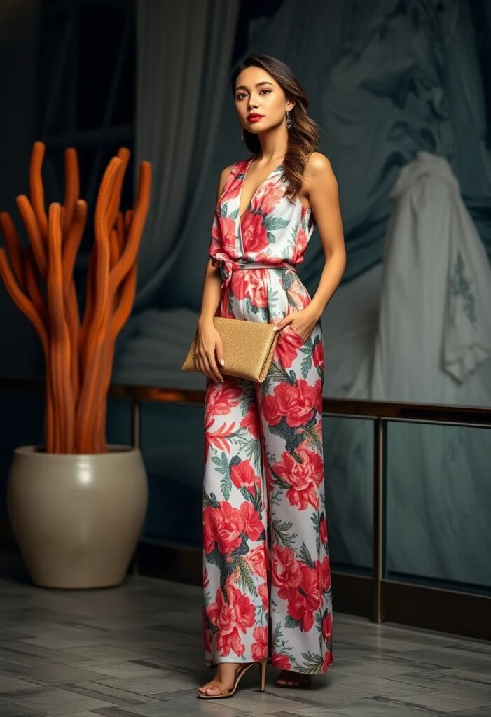 Coral Reef Print Jumpsuit with Wide Legs