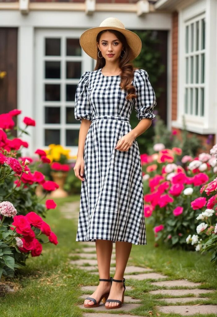 Gingham Midi Dress with Puff Sleeves