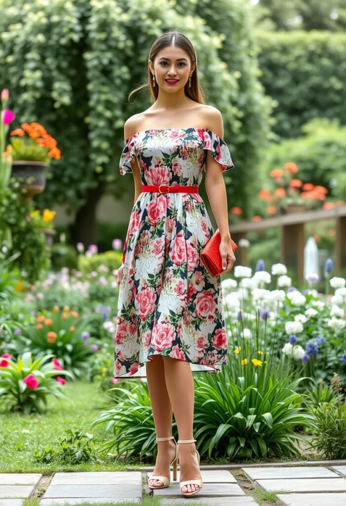 Off-Shoulder Floral Dress with a Belt