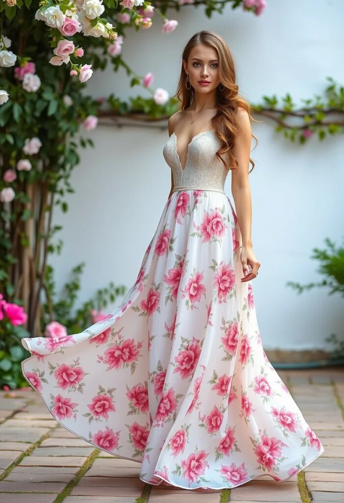Romantic Floral Maxi Dress with a Lace Bodice