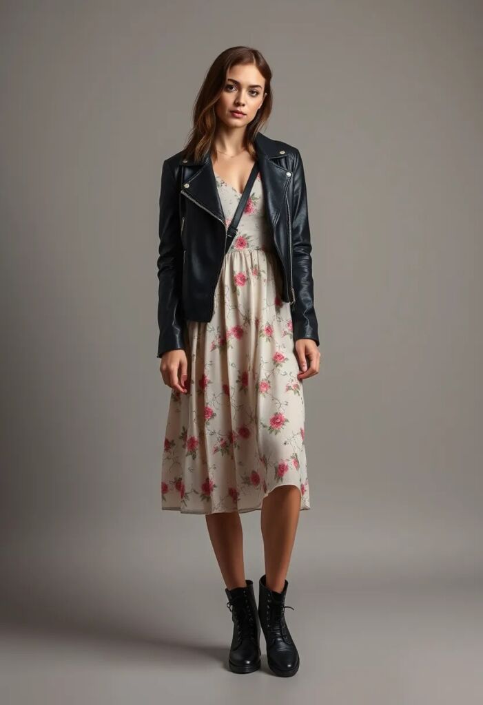 Leather Jacket + Delicate Floral Midi Dress