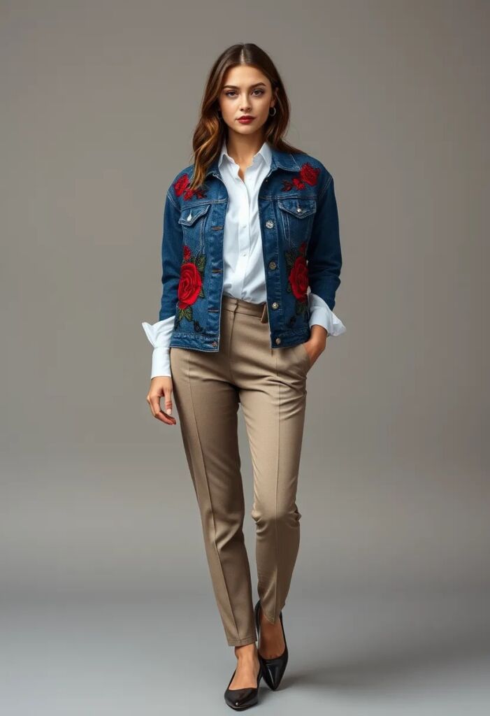 Rose-Embroidered Denim & Crisp White Shirt