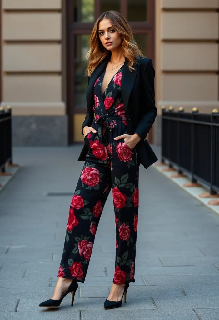 Rose Print Jumpsuit + Structured Blazer