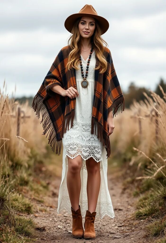 Boho Layers Plaid Poncho & Suede
