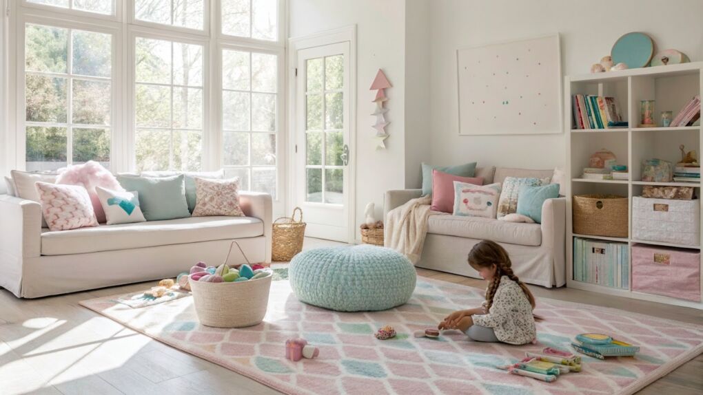 Child playing in sunlit living space with kids’ toys around