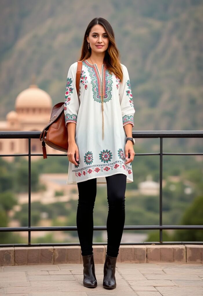 Embroidered Tunic + Slim Leggings + Ankle Boots
