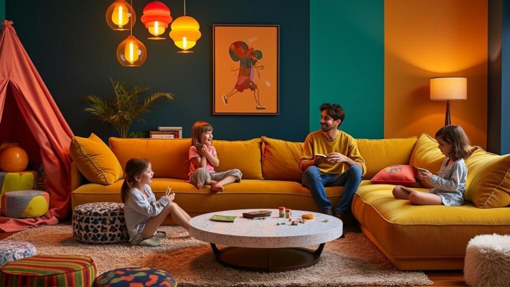 Family playing in colorful room