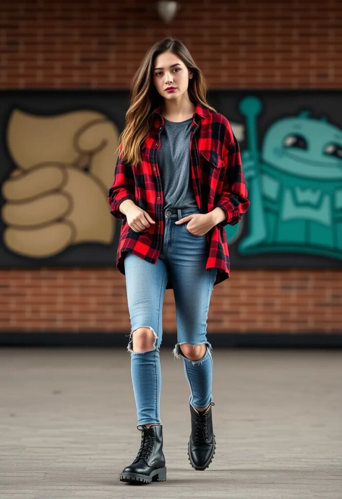 Grunge Revival Plaid Shirt & Ripped Denim