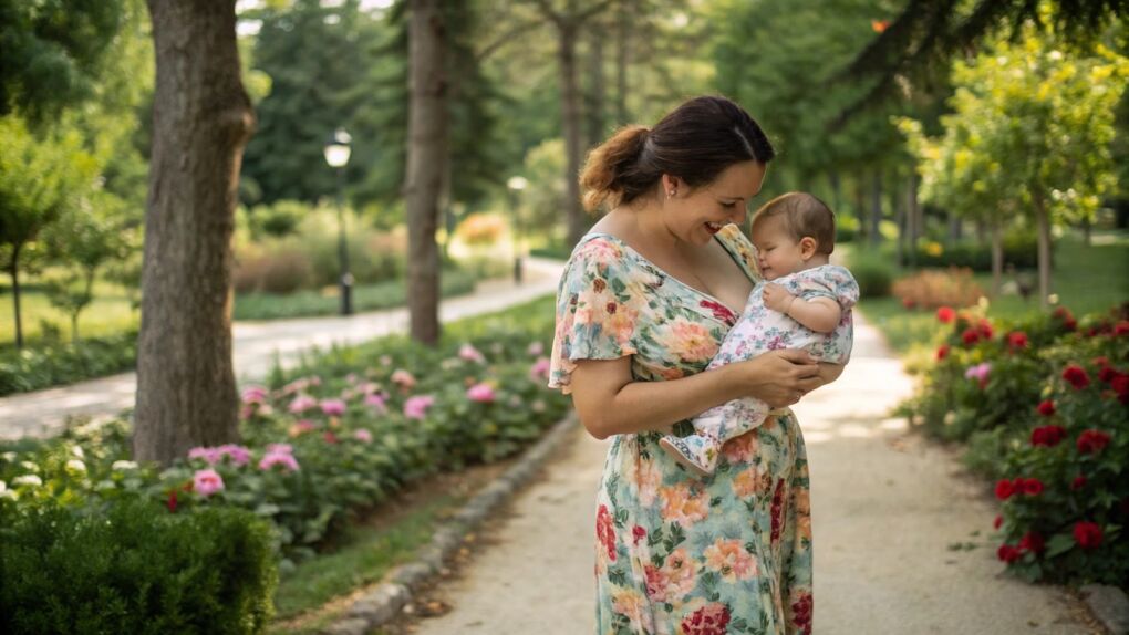 New mom carrying baby in a park