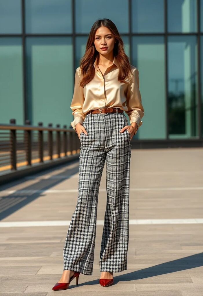 Plaid Pants & Satin Blouse