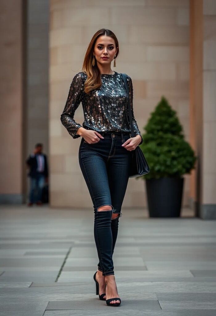 Sequined Top + Dark Jeans + Bold Earrings