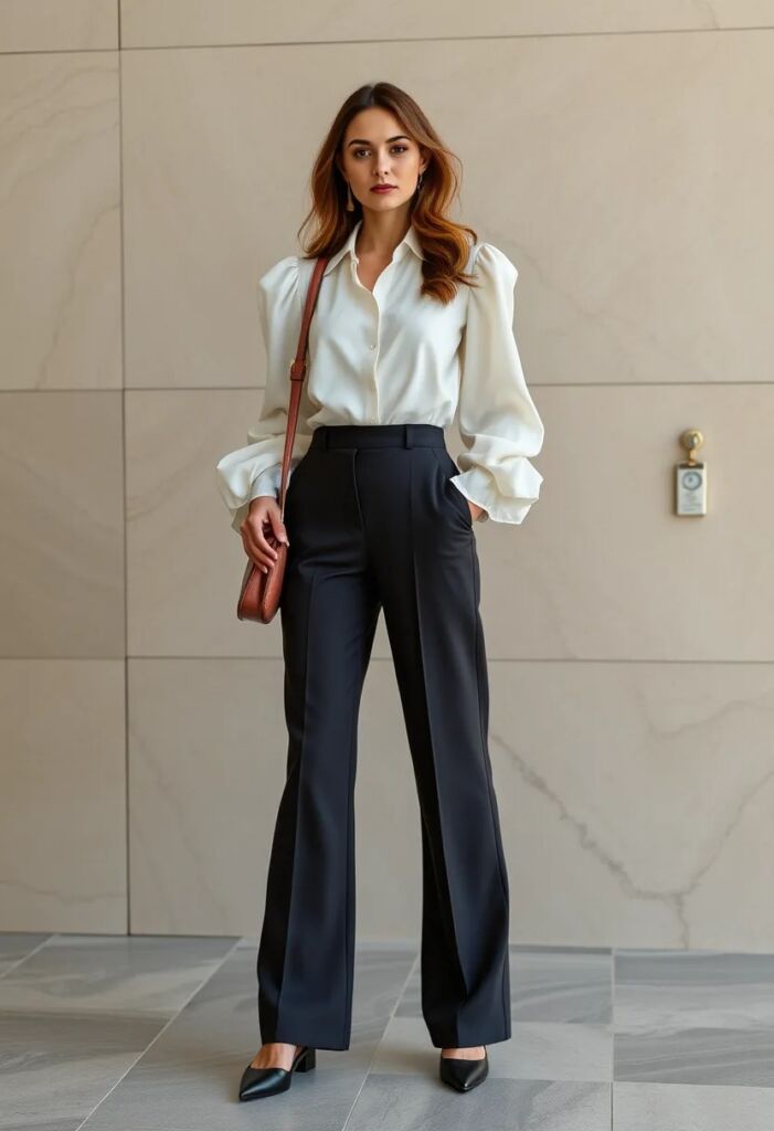 Tailored Wide-Leg Trousers & Statement Sleeve Blouse