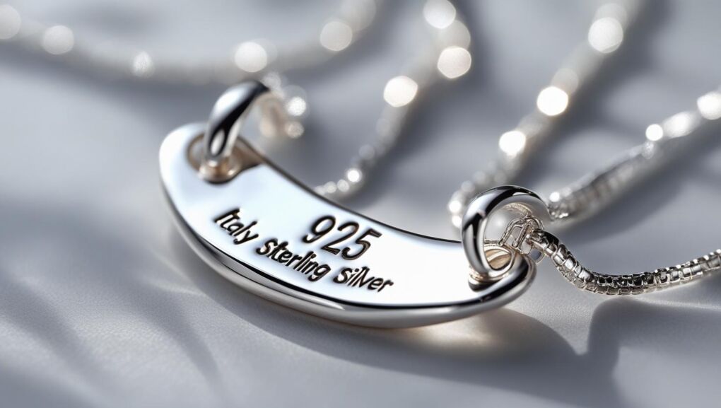 Detailed shot of a 925 Italy sterling silver tag on a necklace, emphasizing authenticity and hallmark clarity.)