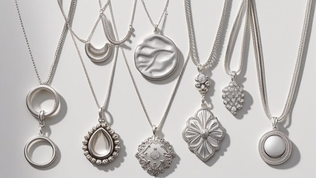 Various 925 Italy silver necklaces with unique pendants, showcasing intricate designs and sterling silver craftsmanship.
