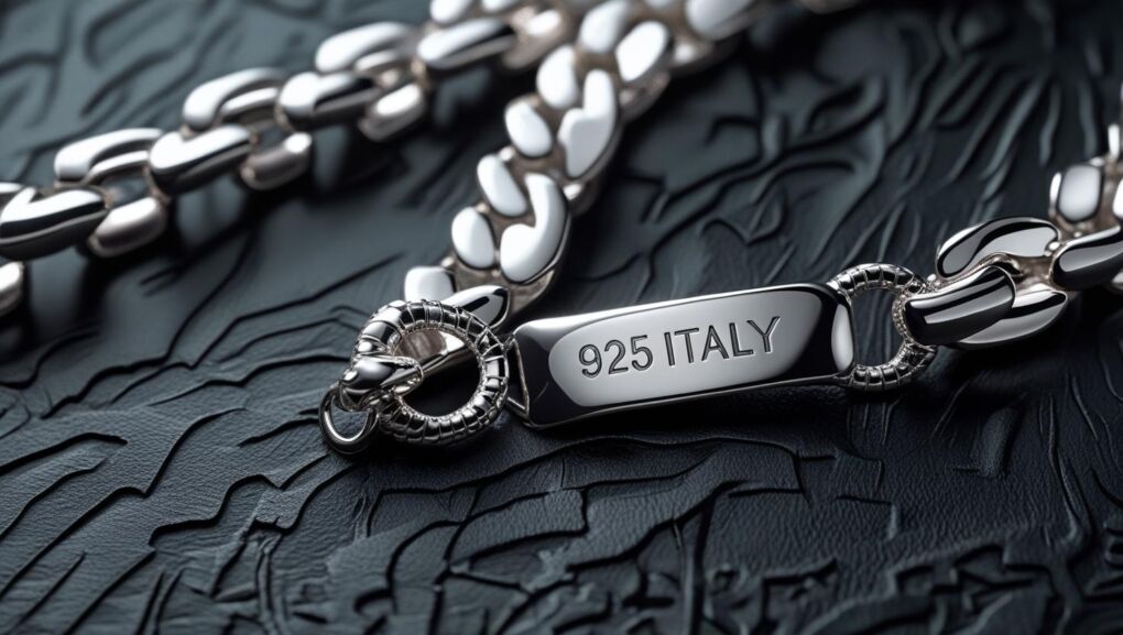 Close-up of a 925 Italy silver chain with engraved hallmark, resting on a textured black surface, symbolizing Italian silver quality.)