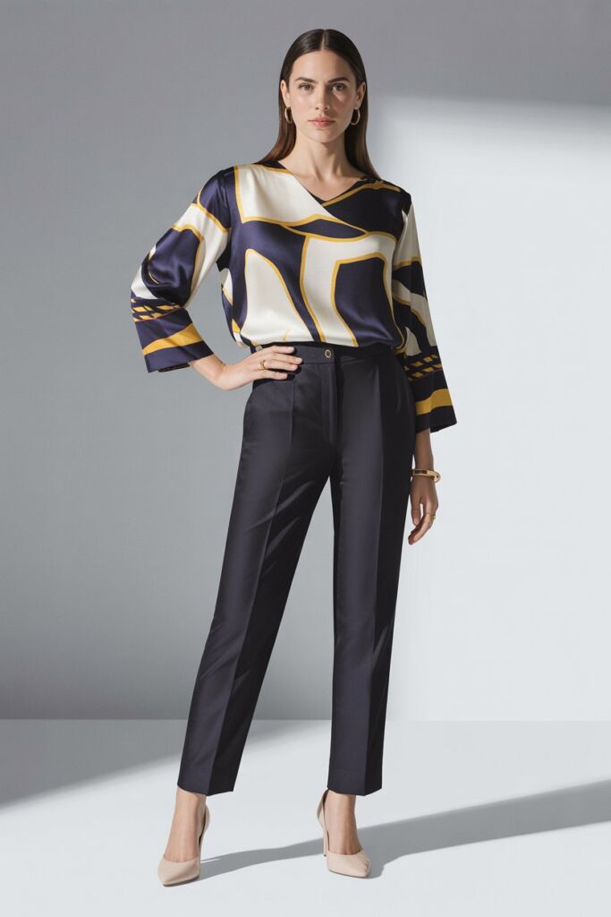 Abstract print silk blouse with tailored pants