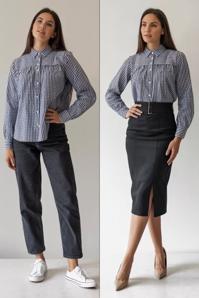 Beforeafter slider showing gingham blouse transformed from casual (jeanssneakers) to chic (skirtheels)