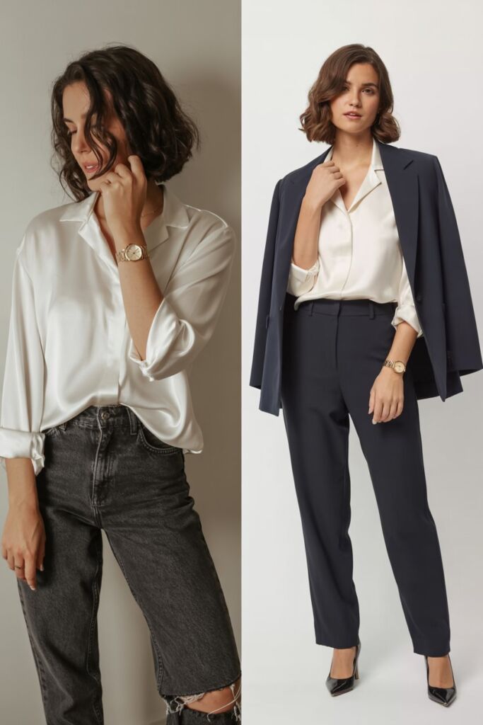 Beforeafter styling silk blouse outfits—casual jeans look vs. office-ready version with blazer