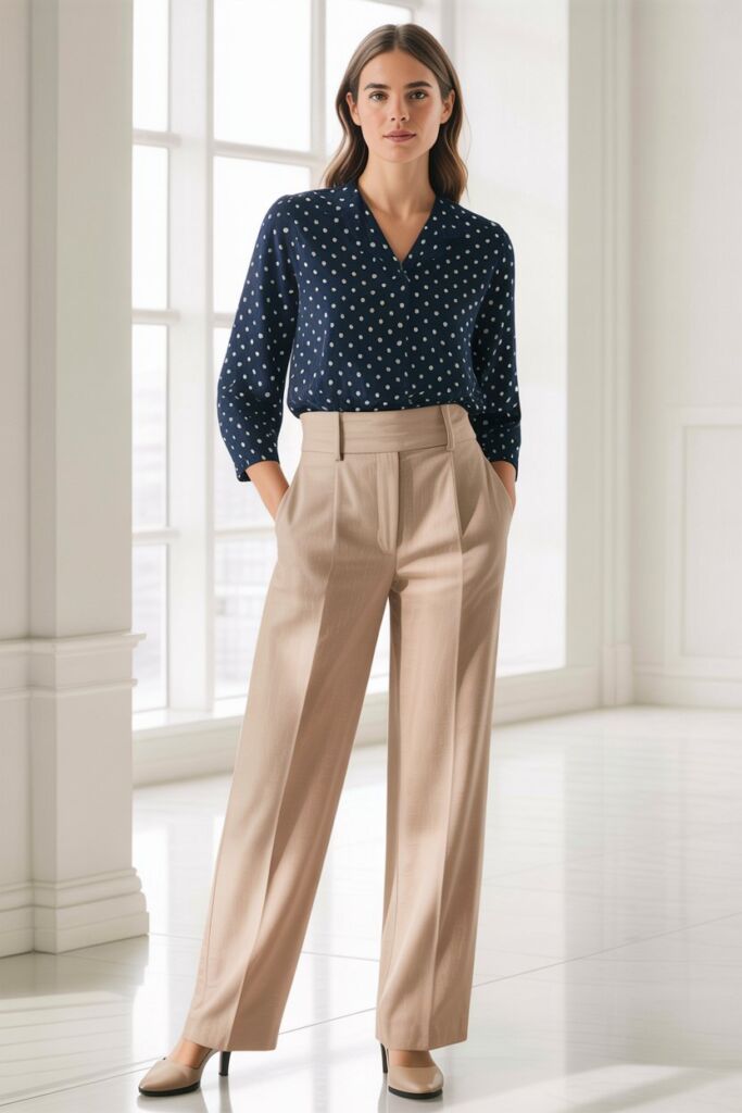 Blue polka dot blouse with beige linen pants