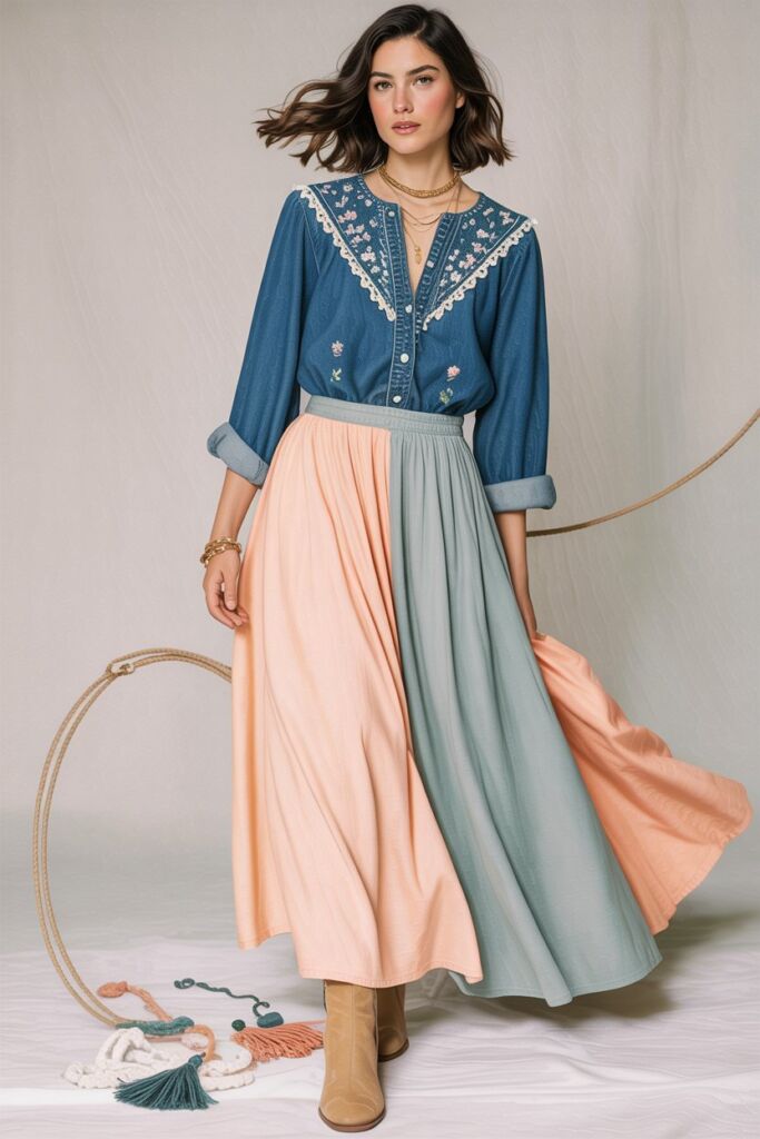 Boho Denim Top + Flowy Maxi