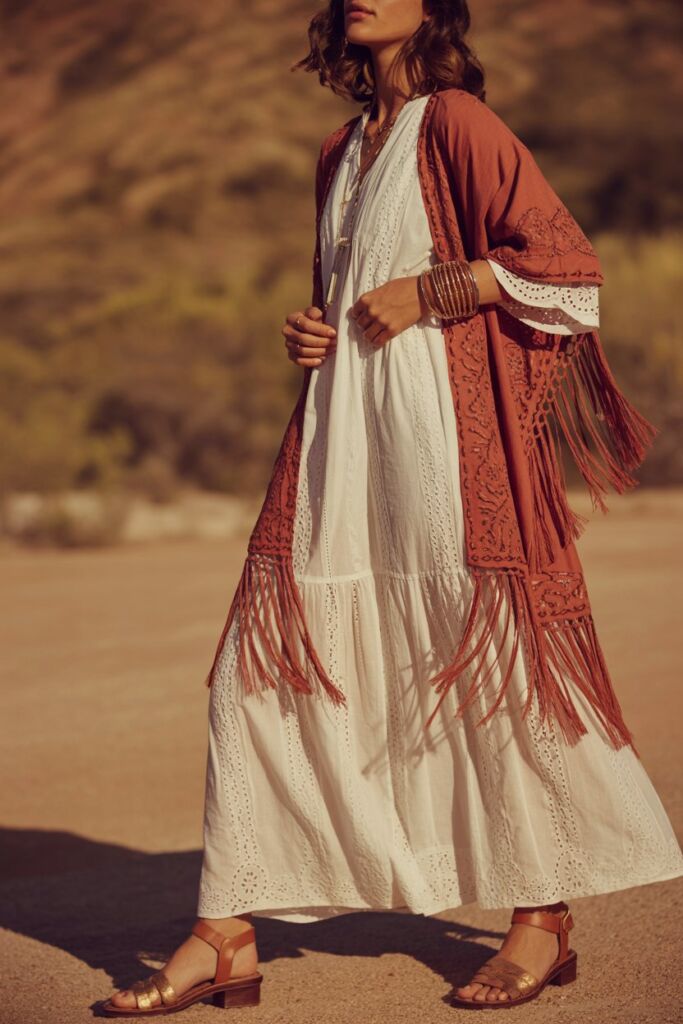 Boho Dream Eyelet Blouse Dress with Fringe Kimono