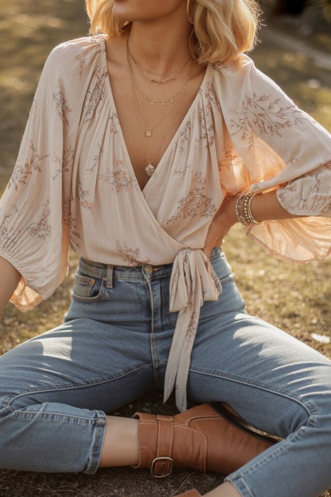 Boho wrap blouse with jeans outfit—think faded denim, ankle boots, and layered necklaces