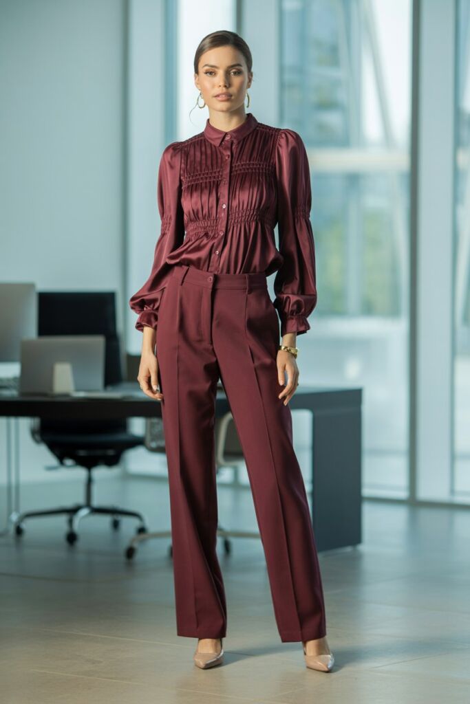 Burgundy ruched blouse with matching trousers