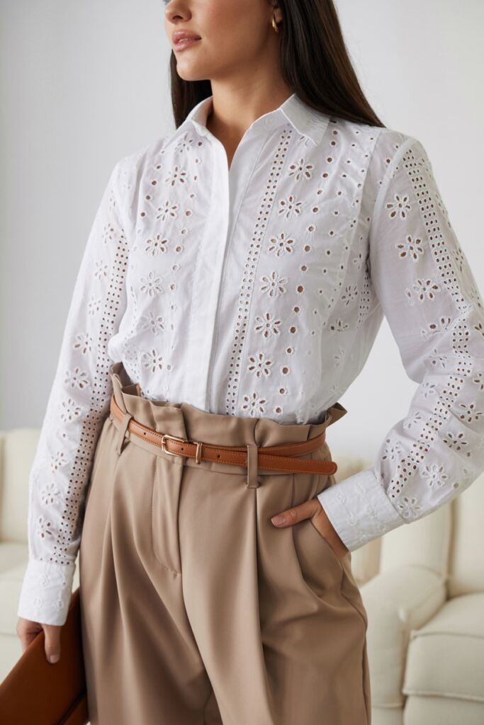 Business Casual Win Eyelet Blouse with Paperbag Waist Pants