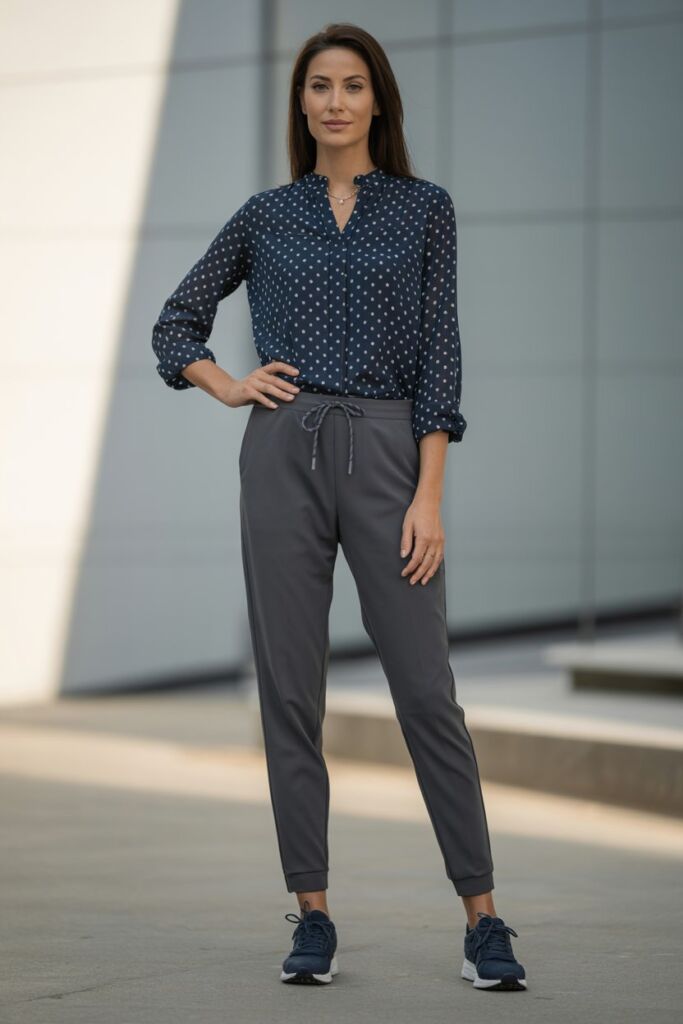 Casual polka dot top outfits 2026 navy polka dot blouse with tailored joggers, modern athleisure look