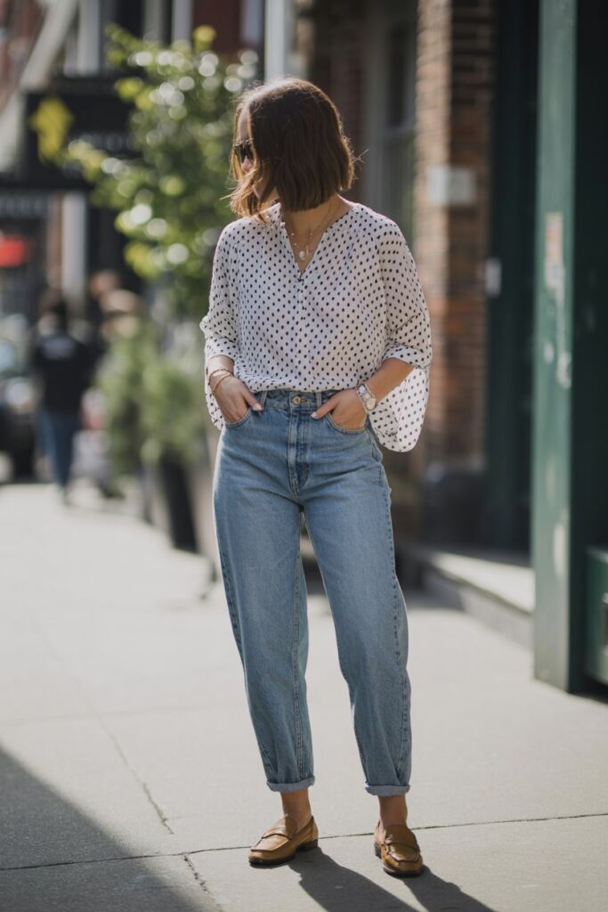 Casual polka dot top outfits 2026 white polka dot blouse with mom jeans and loafers, street style photography