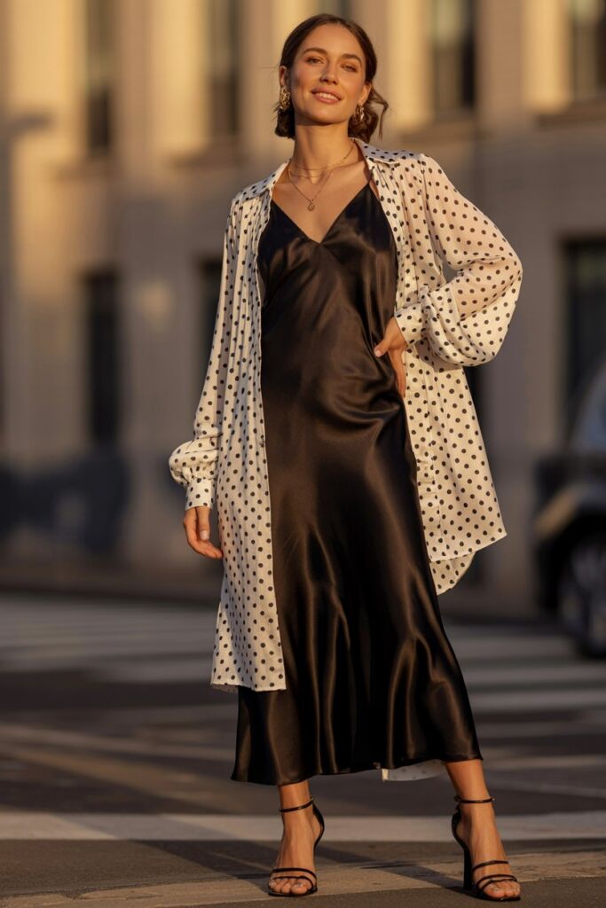 Celebrity polka dot blouse looks white polka dot blouse under slip dress, Taylor Swift-inspired date outfit