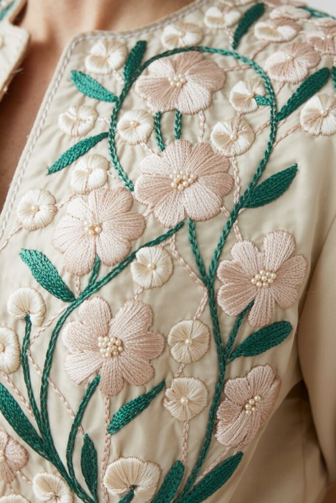Close-up of floral embroidered blouse with cotton blossom details