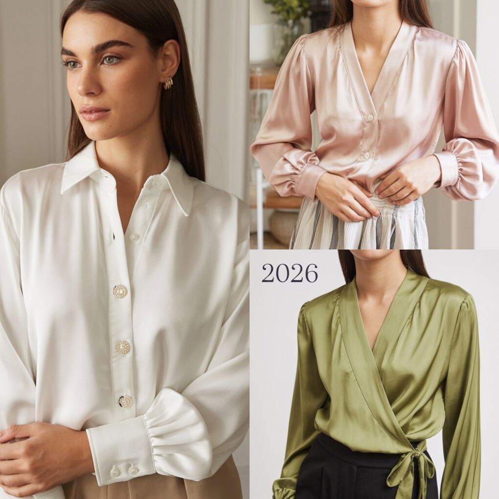 Collage of 2026 silk blouse styles washable button-down, puff sleeve top, earthy-toned wrap blouse