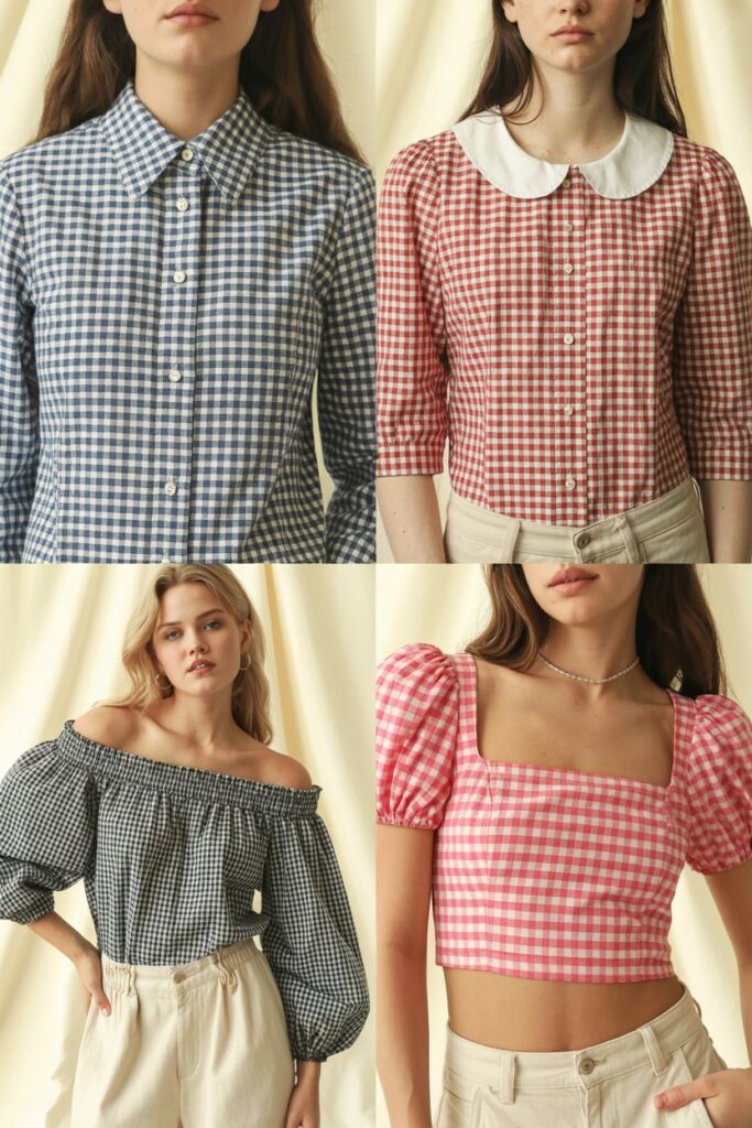 Collage showing 4 gingham blouse styles classic button-down, preppy collar, boho peasant top, and modern crop