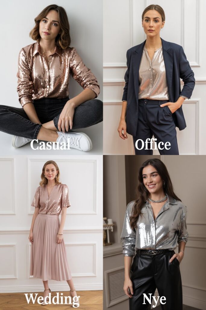 Collage showing 4 sequin blouse outfits casual, office, wedding, NYE