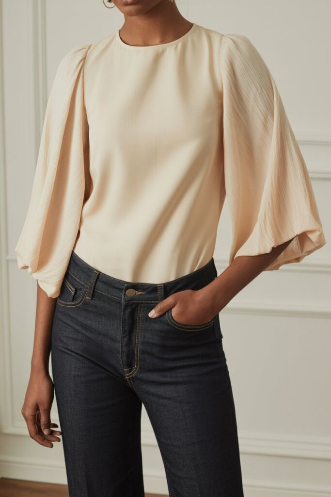 Cream tulip sleeve blouse with dark wash jeans