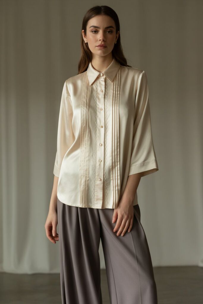 Cream vintage silk blouse with wide-leg trousers