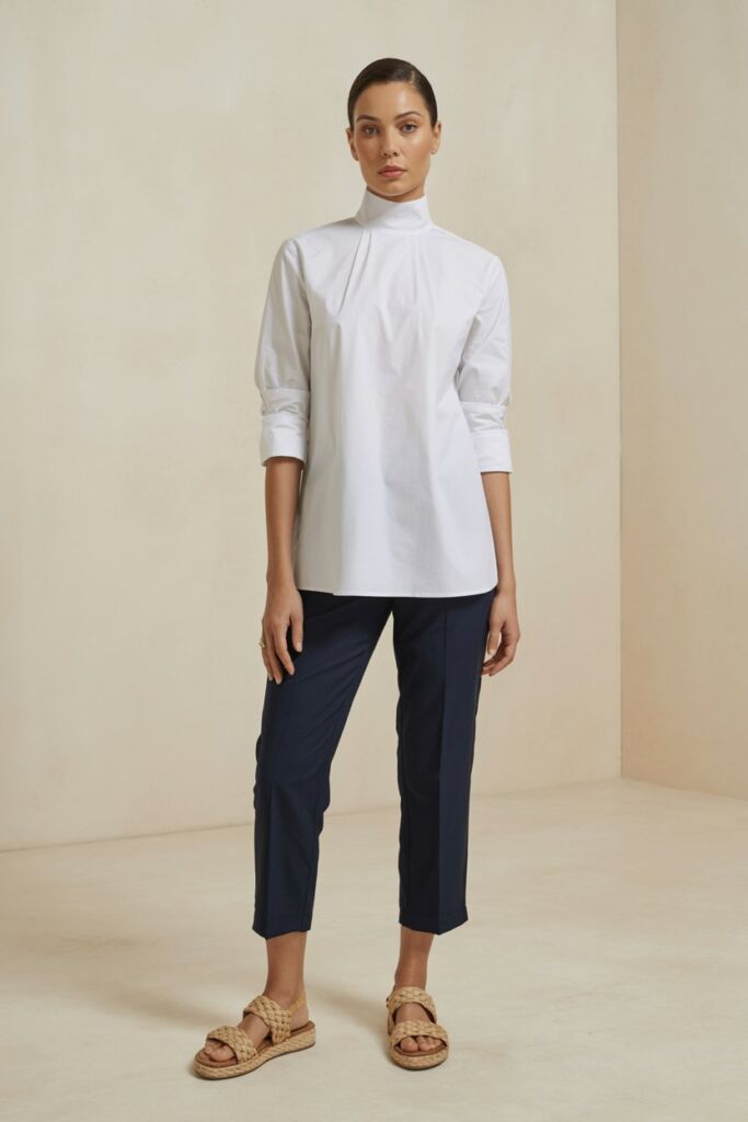 Crisp white cotton high neck blouse with rolled sleeves, paired with navy cropped pants and woven sandals.