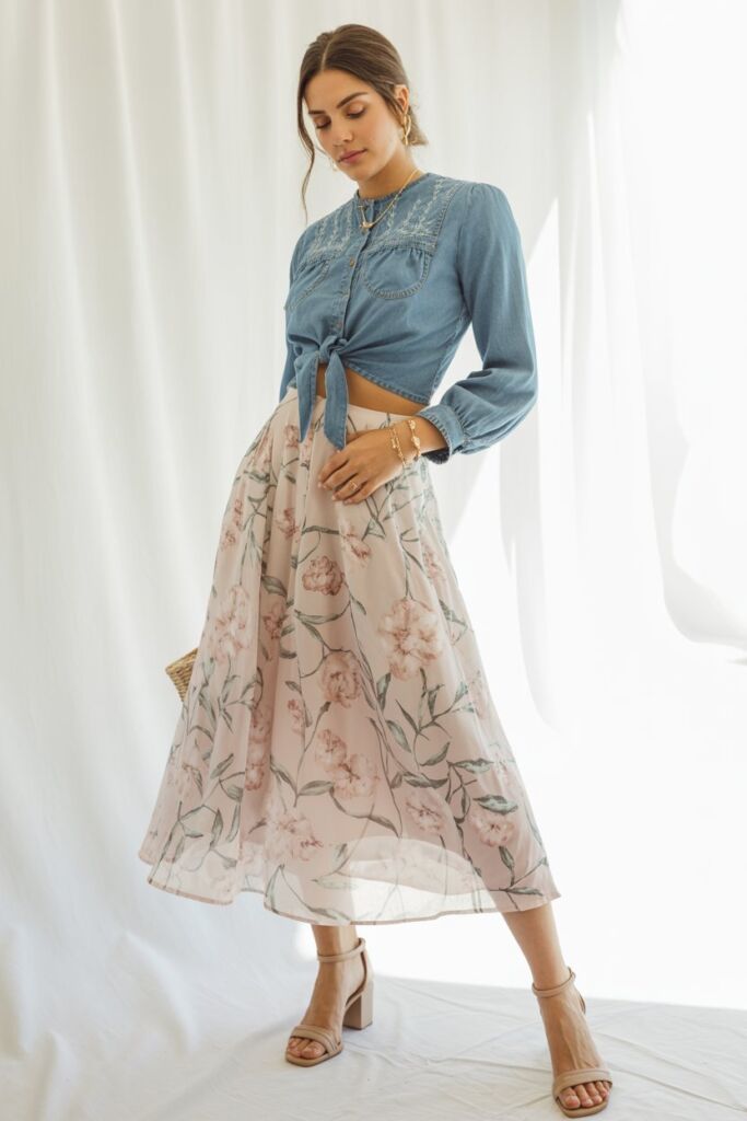 Cropped Denim Blouse + Midi Skirt