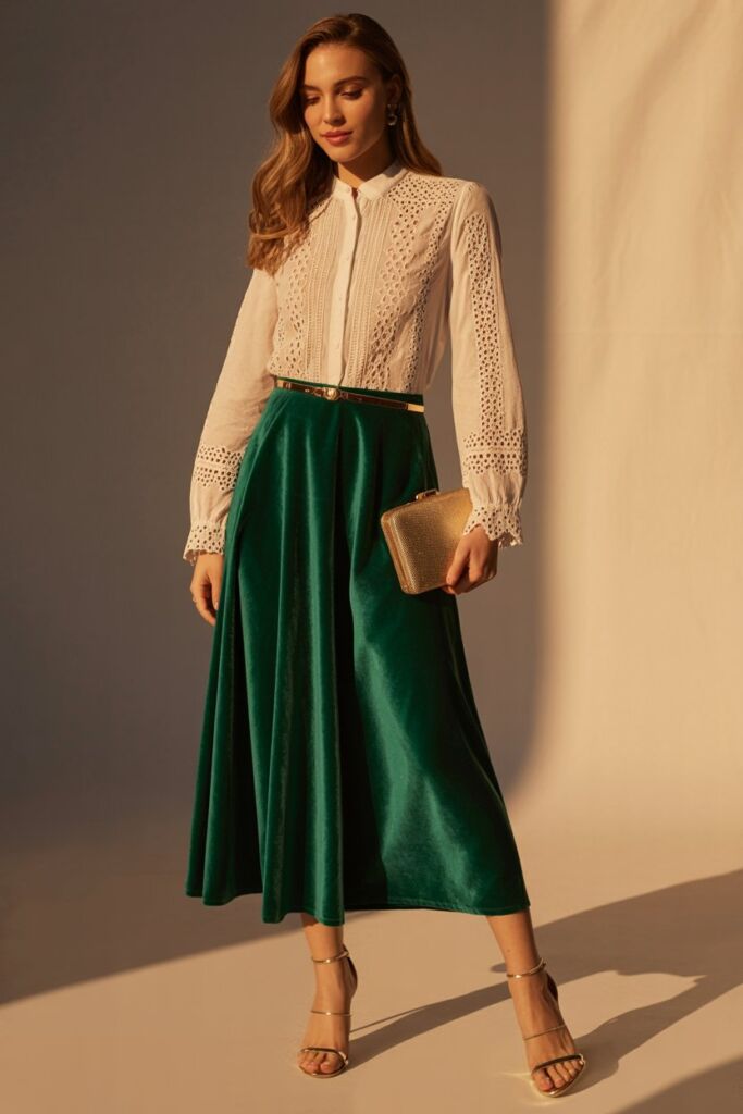 Date Night Magic Lace Eyelet Blouse with Velvet Midi Skirt