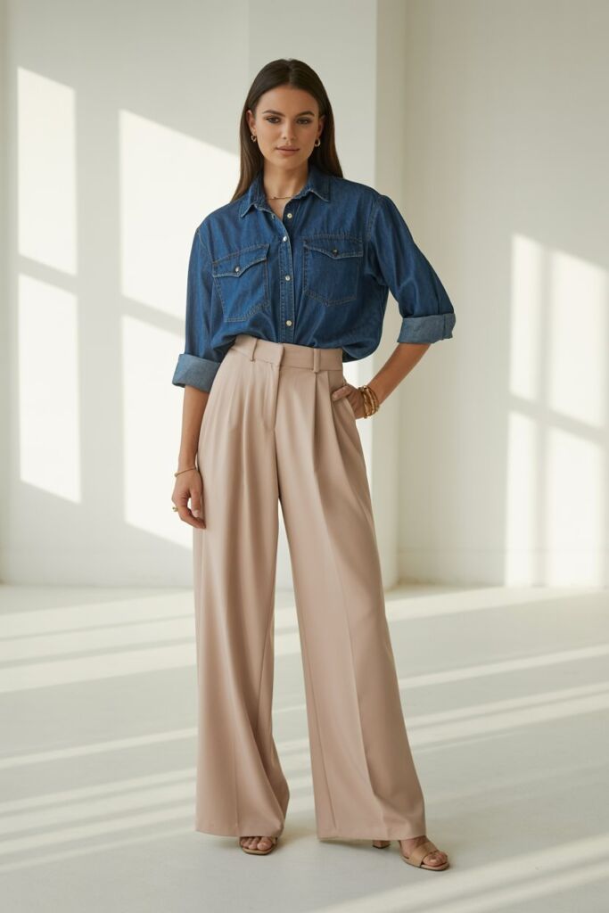 Denim Blouse + Tailored Trousers