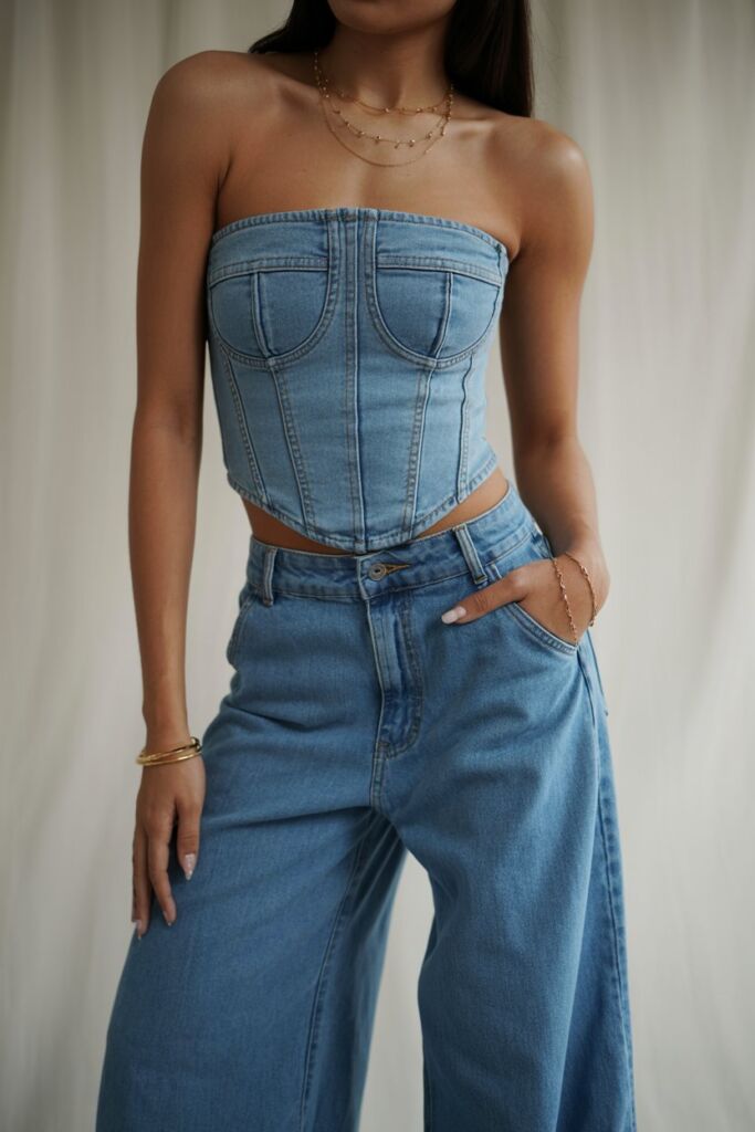 Denim Corset Top + Wide-Leg Jeans
